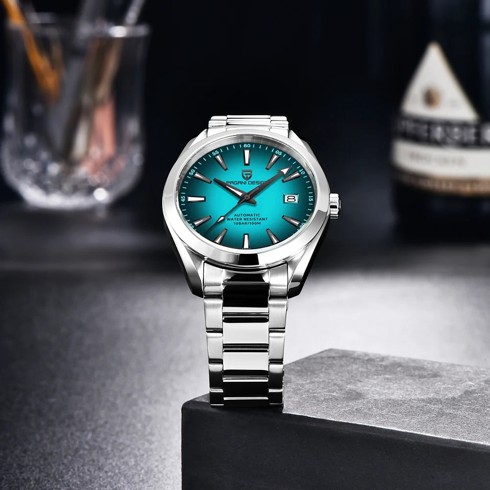 Relógio de luxo para homem PAGANI DESIGN – Modelo automático mecânico (calibre 8215), em aço inoxidável, estanque, com indicador de data e ponteiros luminescentes