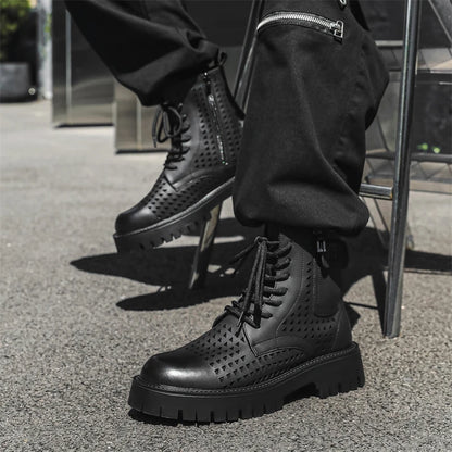 Non-Slip Men's High Top Casual Leather Shoes Street Style Motorcycle Boots New Stylish Ankle Boots Thick Bottom Walking Footwear