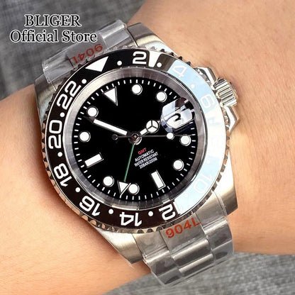 NH34A 200M Waterproof 40mm NH34 GMT Sapphire Luminous Automatic Movement Diving Watch Men Steel Bracelet Black Grey Insert