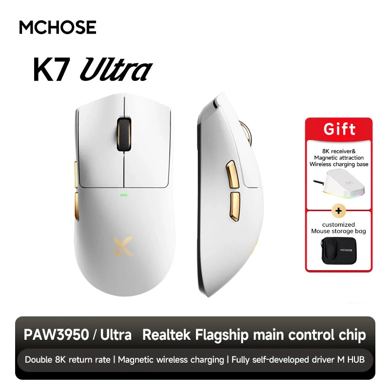 MCHOSE K7 Ultra Wireless Gaming Mouse with 8K Polling Rate, PAW3950 Sensor, Magnetic Charging Dock, 42,000 DPI Lightweight Esports Mouse