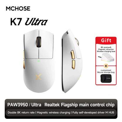 MCHOSE K7 Ultra Wireless Gaming Mouse with 8K Polling Rate, PAW3950 Sensor, Magnetic Charging Dock, 42,000 DPI Lightweight Esports Mouse