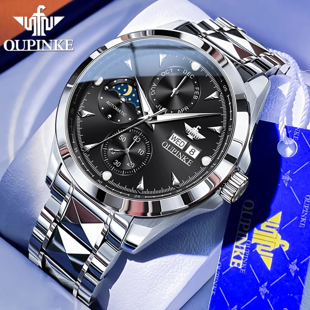 OUPINKE 3299 Automatic Man Watch Exclusive Dual Calendar Luxury Mechanical Wristwatches Moon Phase Waterproof Chronogprah Watch