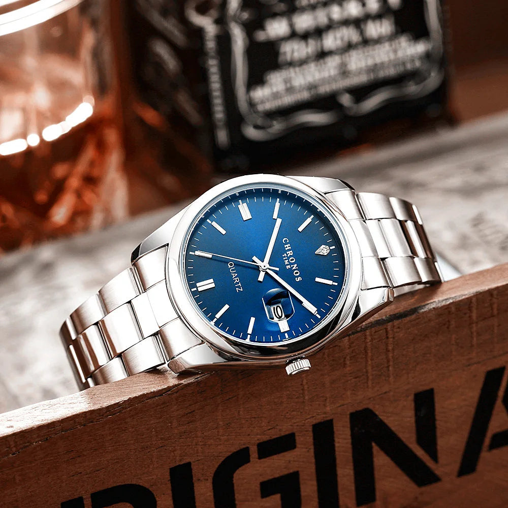 Męski zegarek na rękę CHRONOS – luksusowa marka, wodoodporny, podświetlany, z datownikiem, ze stali nierdzewnej, z mechanizmem kwarcowym.