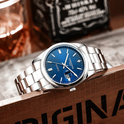 Męski zegarek na rękę CHRONOS – luksusowa marka, wodoodporny, podświetlany, z datownikiem, ze stali nierdzewnej, z mechanizmem kwarcowym.