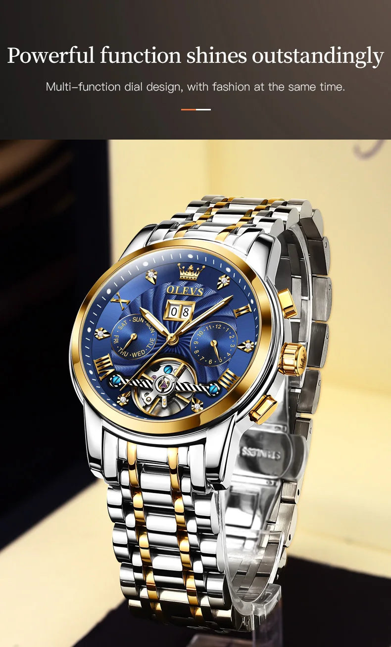 OLEVS 9910 Pánské hodinky Originální luxusní značka Vodotěsné Světélkující Automatické mechanické hodinky Hodinky s dvojitým kalendářem Krabička na hodinky Reloj