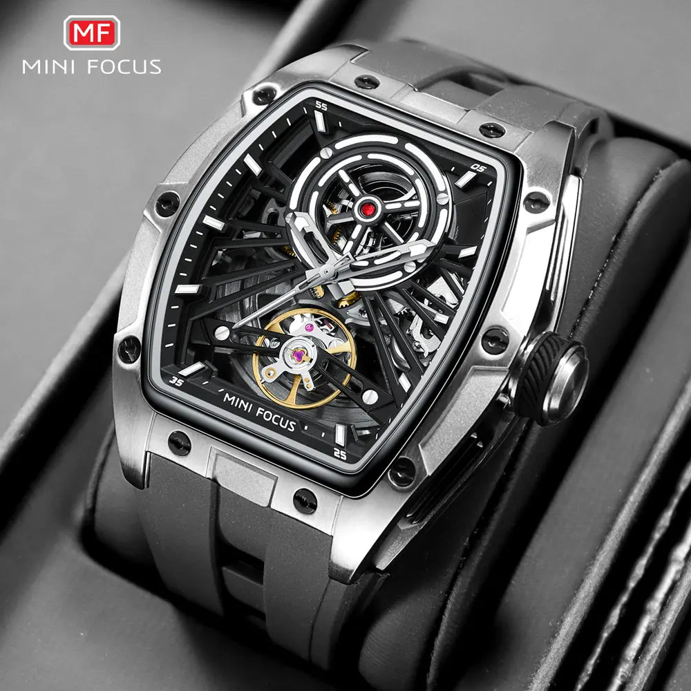 MINI FOCUS Men's Wristwatch Fashion Black Waterproof Automatic Mechanical Watch with Luminous Hands Silicone Strap Tonneau Dial