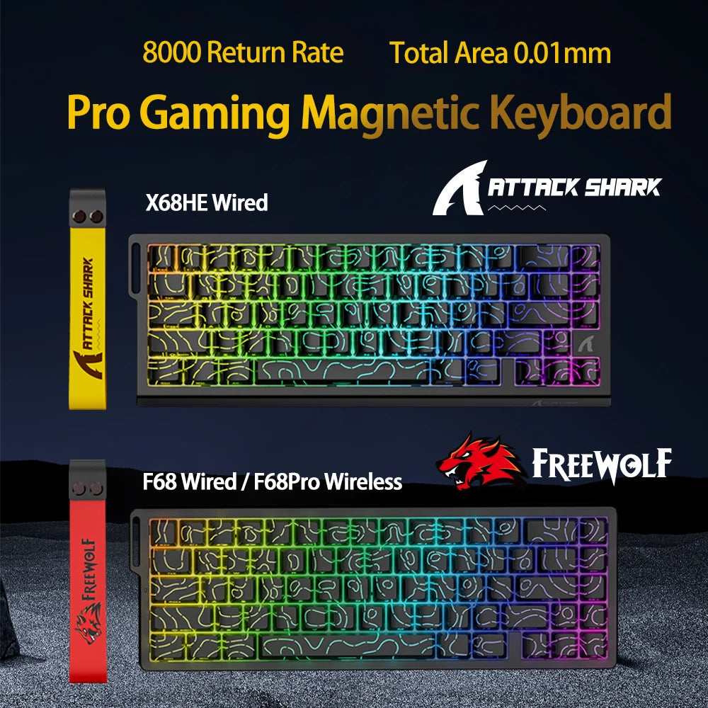 Magnetische Switch-Tastatur ATTACK SHARK X68HE kabelgebunden und FREEWOLF F68 kabelgebunden F68Pro kabellos für Pro-Gaming 8K Hz 0.01mm Rapid Trigger