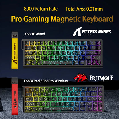 Magnetische Switch-Tastatur ATTACK SHARK X68HE kabelgebunden und FREEWOLF F68 kabelgebunden F68Pro kabellos für Pro-Gaming 8K Hz 0.01mm Rapid Trigger