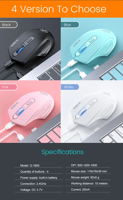 iMice Silent Rechargeable Wireless Mouse 2.4GHz, 1600 DPI Adjustable Wireless Mouse for PC, Laptop & Office, Quiet Click Ergonomic Computer Mouse