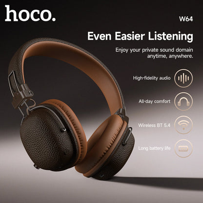 HOCO W64 Retro Bluetooth 5.4 Wireless Headphones with 40mm Deep Bass, PU Leather Over-Ear HiFi Music Headset for Sports & Travel