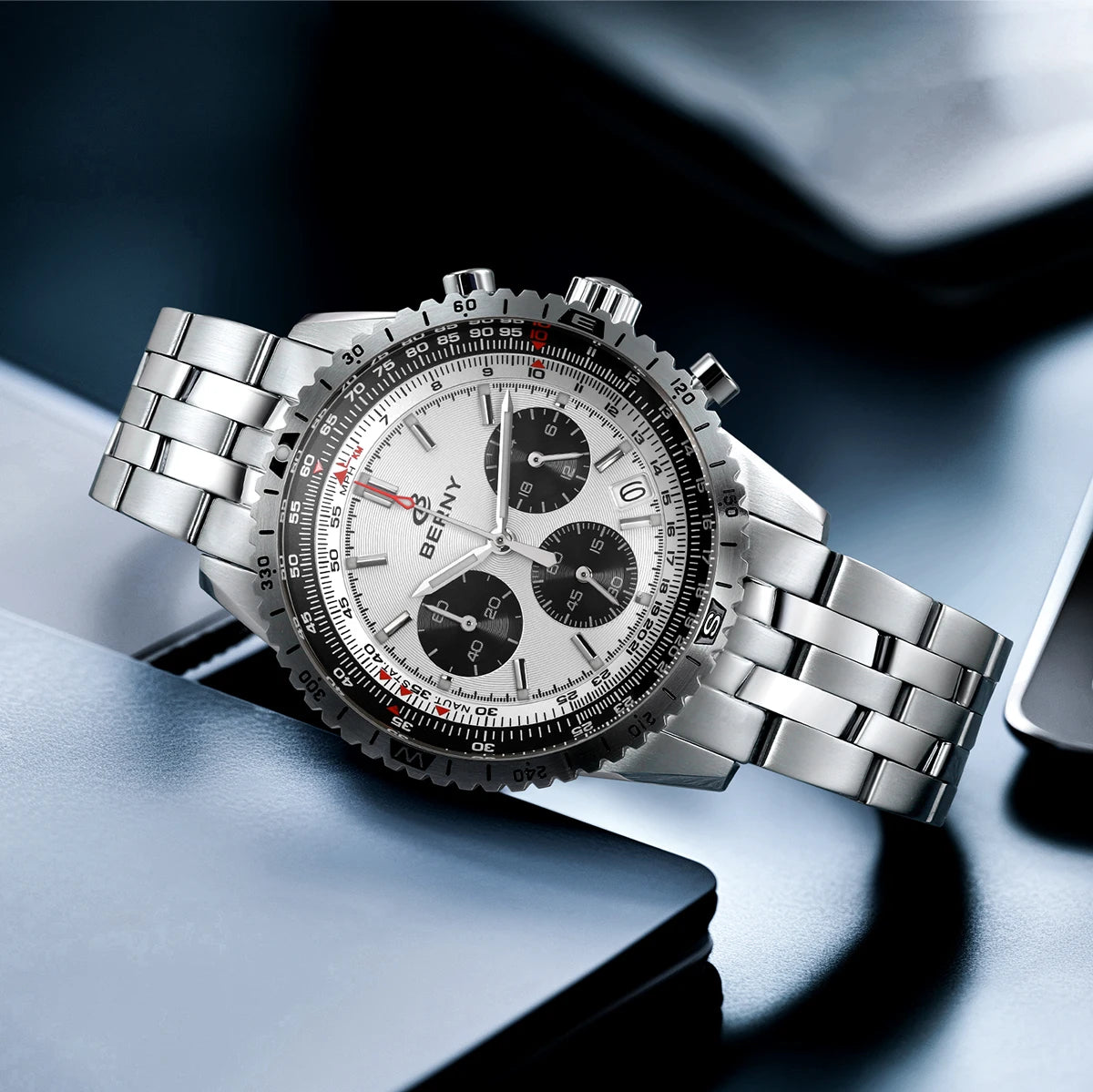 Męski zegarek chronograf BERNY – wielofunkcyjny zegarek kwarcowy w stylu lotniczym, wyposażony w datownik, szafirowe szkło i doskonałą luminescencję – luksusowy męski zegarek na rękę