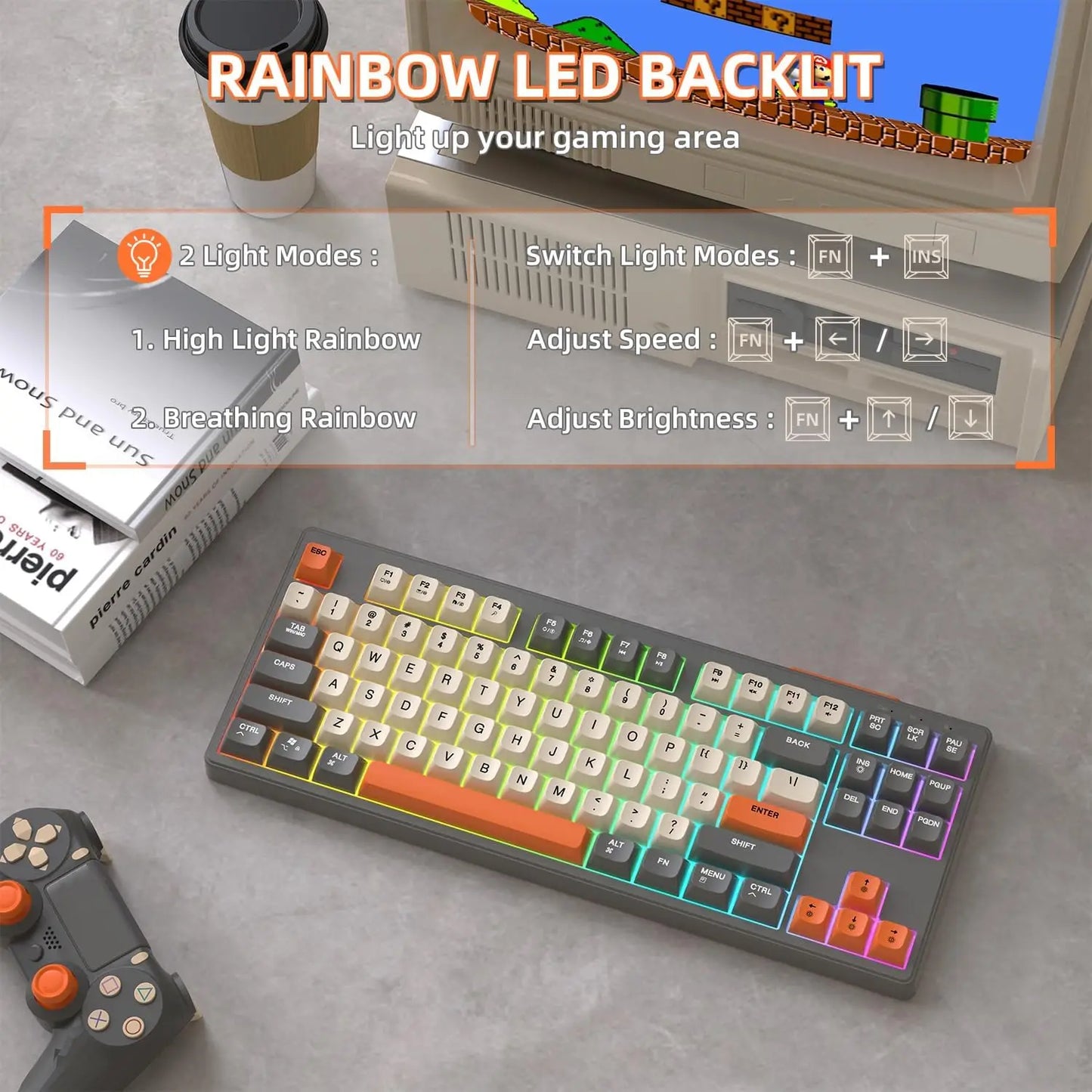 Attack Shark M87 Wireless Gaming Keyboard, 87-Key TKL Bluetooth 5.0 & 2.4GHz Wireless Gaming Keyboard with Rainbow LED Backlit, Quiet Membrane Keys for PC, Laptop & Tablet