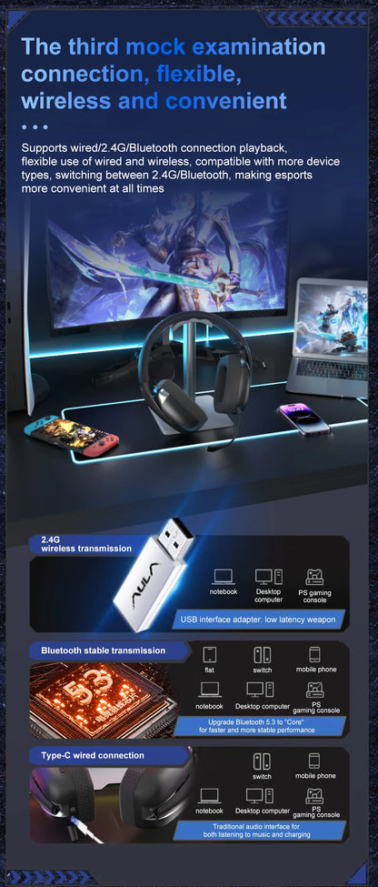 AULA S8 Gaming Headset with Three Mode Connection Lightweight Design Detachable Microphone Esports Headset