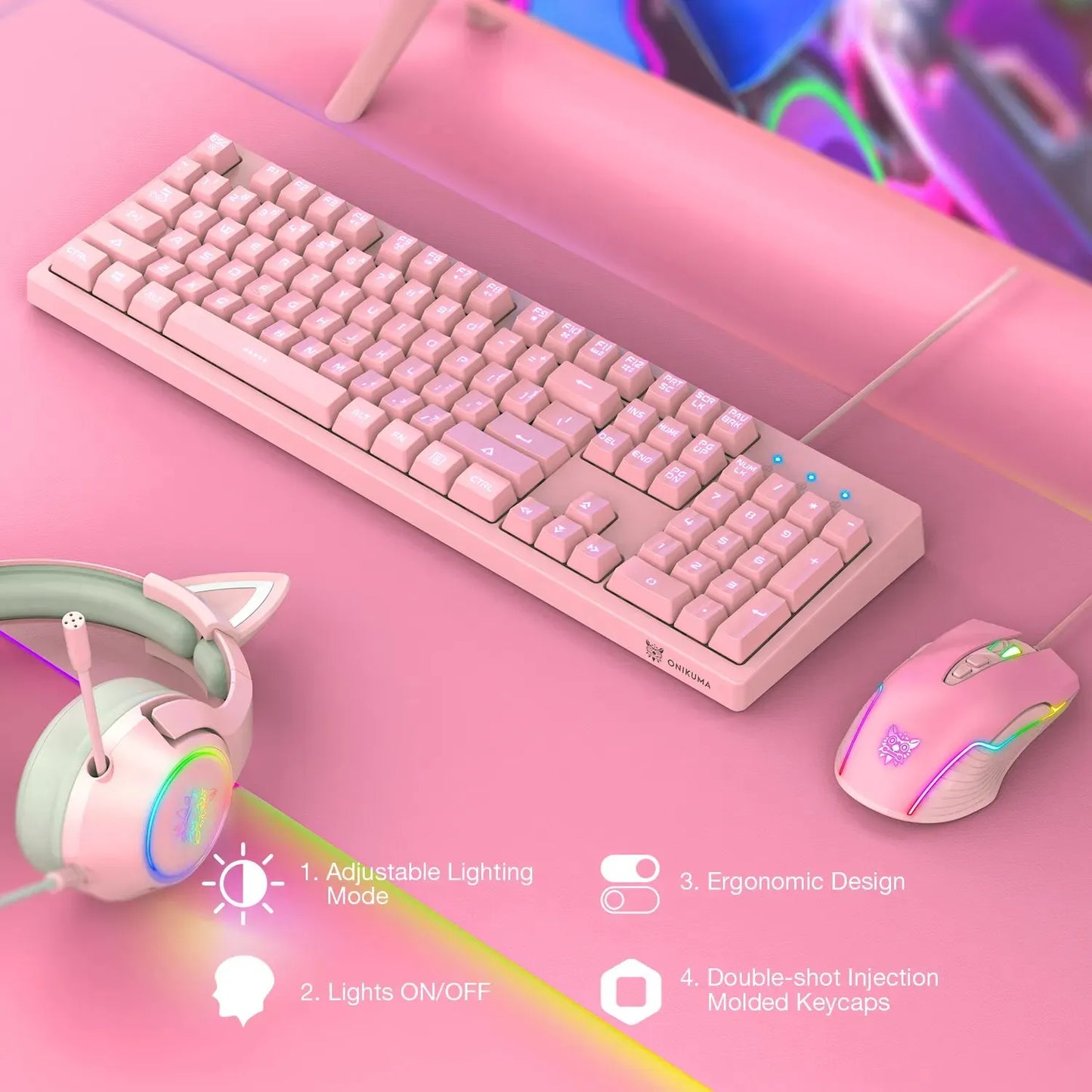 ONIKUMA RGB Gaming Headset Bundle with Gaming Mouse, Keyboard & Headset Stand – Professional Wired Gaming Headphones with Microphone, Detachable Cat Ears, Esports Gaming Accessories Kit
