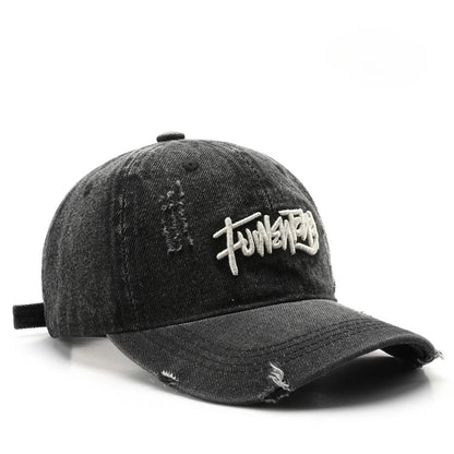 Cappellino da uomo in denim lavato stile retrò giapponese con lettere ricamate, per sport all’aperto, viaggi e protezione dal sole, cappellino da baseball classico, versatile e comodo