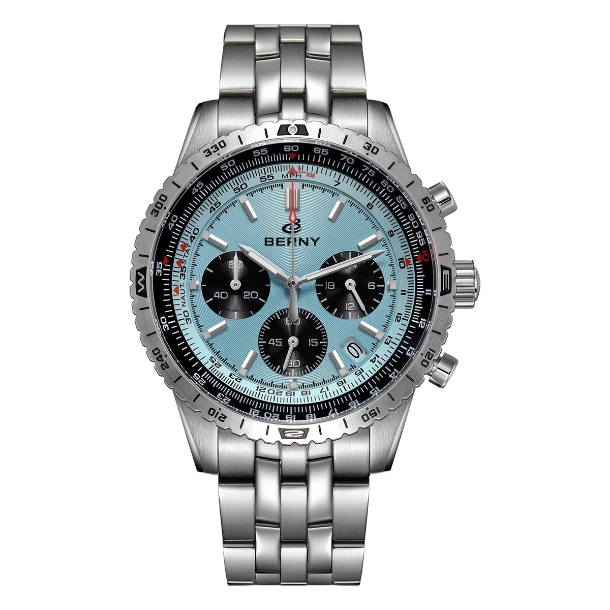 Męski zegarek chronograf BERNY – wielofunkcyjny zegarek kwarcowy w stylu lotniczym, wyposażony w datownik, szafirowe szkło i doskonałą luminescencję – luksusowy męski zegarek na rękę
