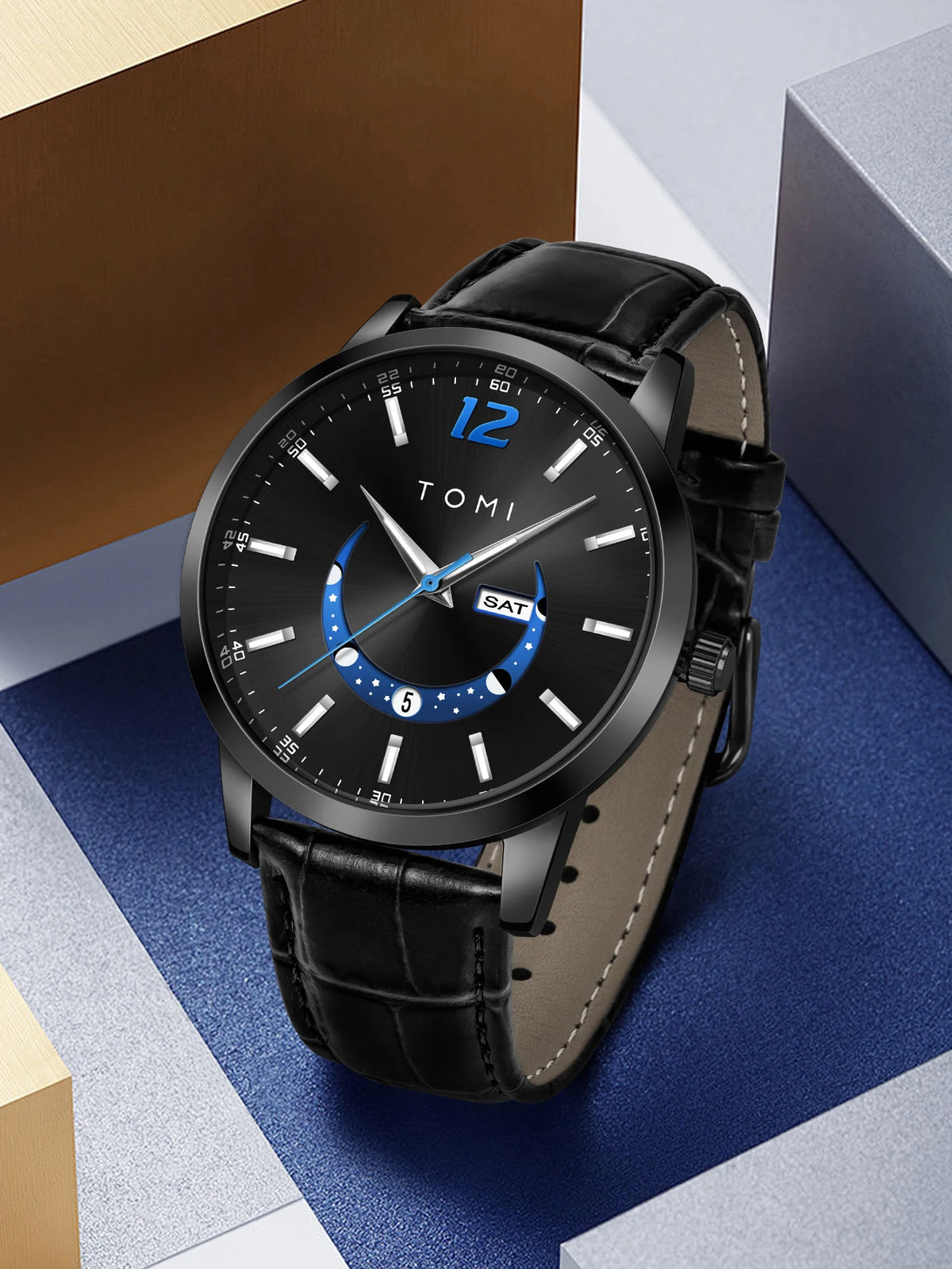 TOMI quartz watch, business-style and elegant, with a leather strap, alloy case and analogue dial – High-end design, a gift idea for men