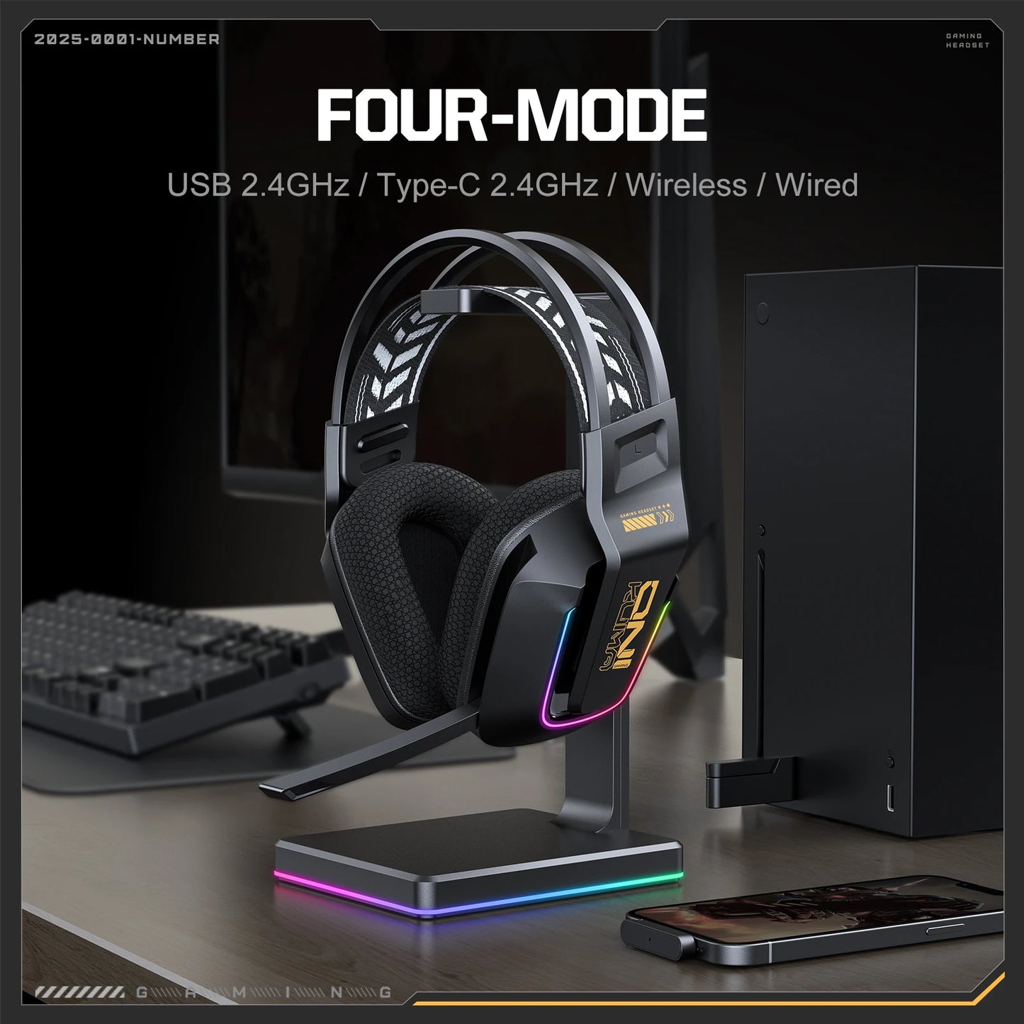 ONIKUMA GT828 Wireless Gaming Headset Bluetooth 5.3 RGB Headphones with Mic, Noise Cancelling, 4-Mode Connection for PC, PS5 & Laptop
