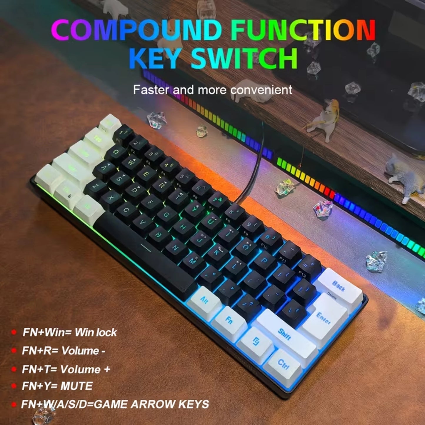 60% Gaming Keyboard Wired RGB Backlit Mini 61 Keys Membrane Keyboard Anti-Ghosting No-Conflict Ultra-Compact for Gamers