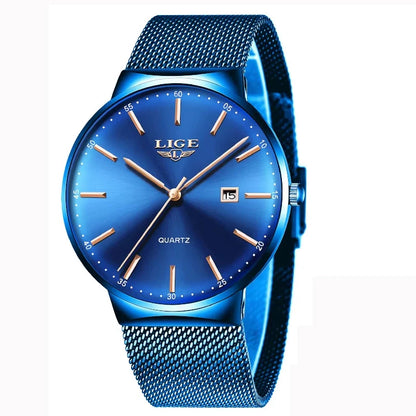 Relógio de homem LIGE, modelo elegante e luxuoso, ultrafino, estanque, com bracelete em malha, movimento de quartzo, indicação da data e calendário – ideal para um estilo profissional.