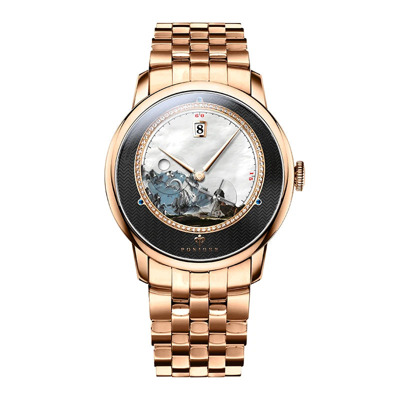 PONIGER Sapphire Crystal Glass Wrist Watch Painting Dial Man Leather Automatic Wristwatch MIYOTA 8219