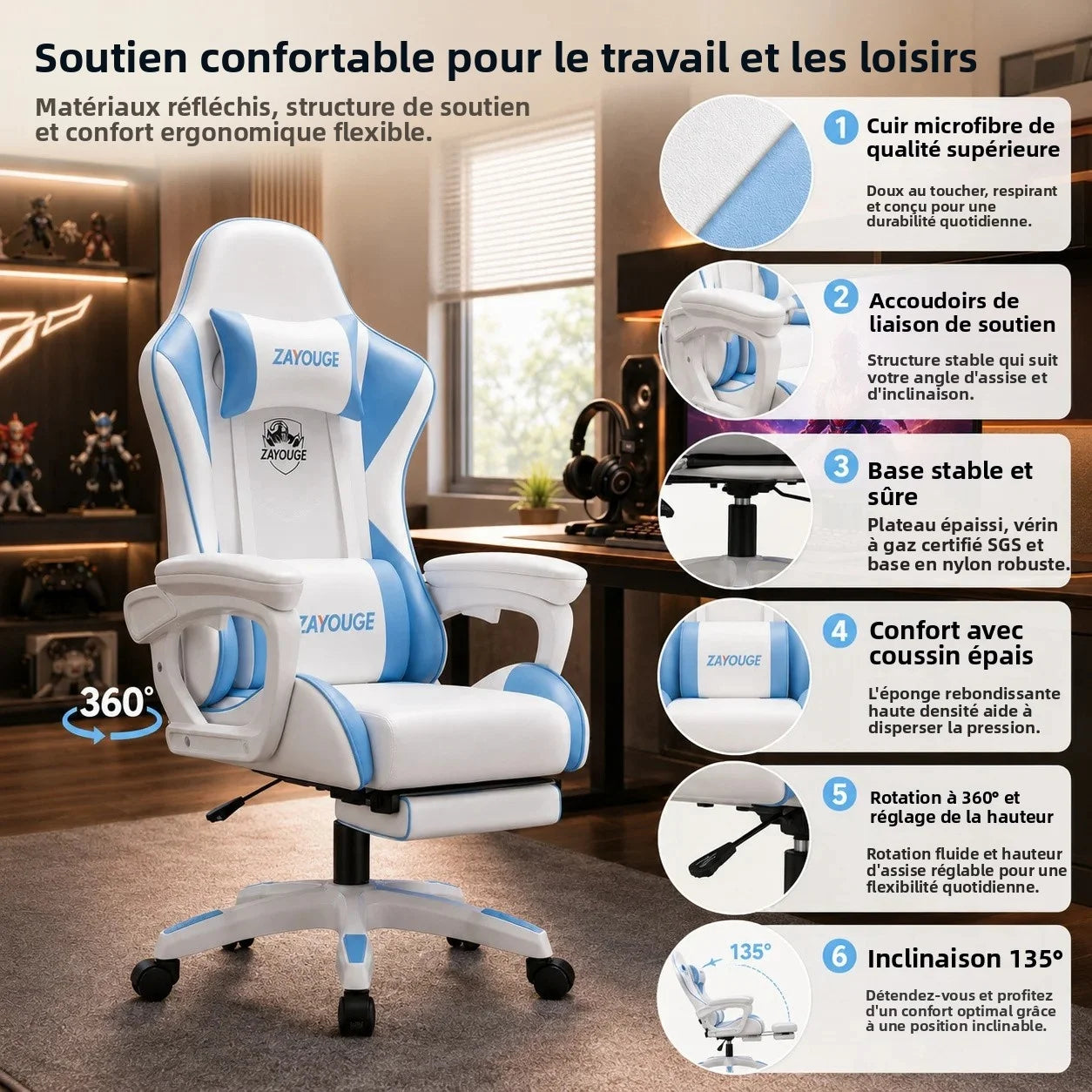 AOLIVIYA Gaming Reclining Chair Ergonomic Office Chair with Footrest, Adjustable Swivel Computer Chair, Racing Style E-Sports Gaming Seat