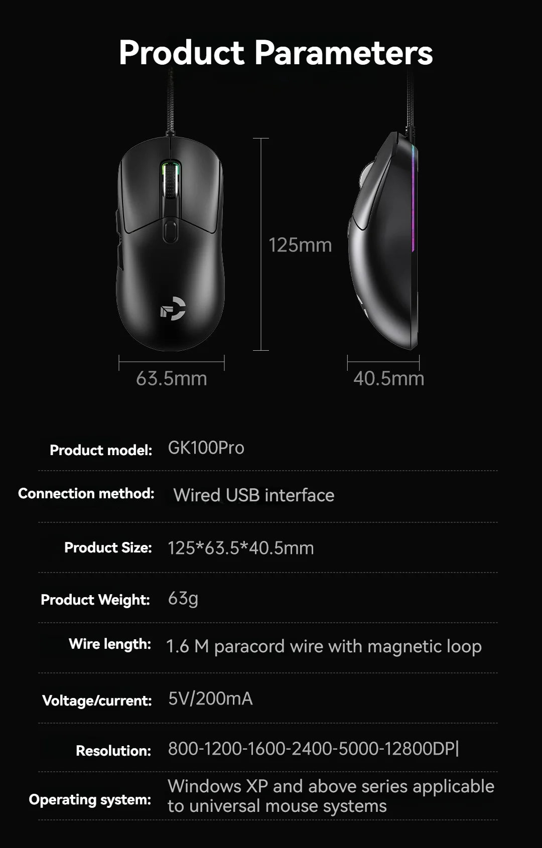 Xundler Wired Gaming Mouse 12800 DPI RGB Programmable Ergonomic USB Gaming Mouse with Instant A825 Sensor, 6 Adjustable DPI Levels for PC & Laptop