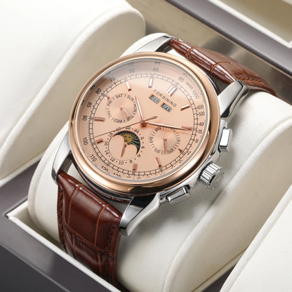 Forsining Retro Mechancial Watches Moon Phase Shanghai Movement Rose Gold Case Brown Leather Strap Luxury Automatic Mens Watch