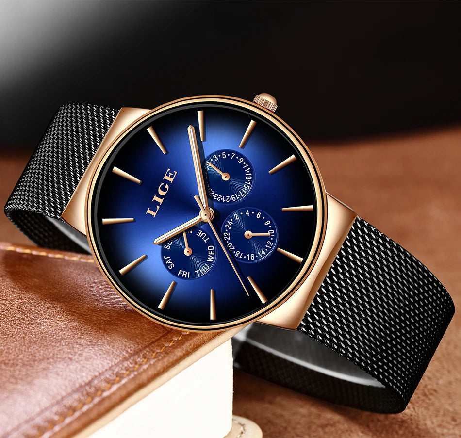 Montre pour femme LIGE, élégante et tendance – Style sport-décontracté, bracelet en maille, mouvement à quartz, affichage de la date et du jour, étanche.