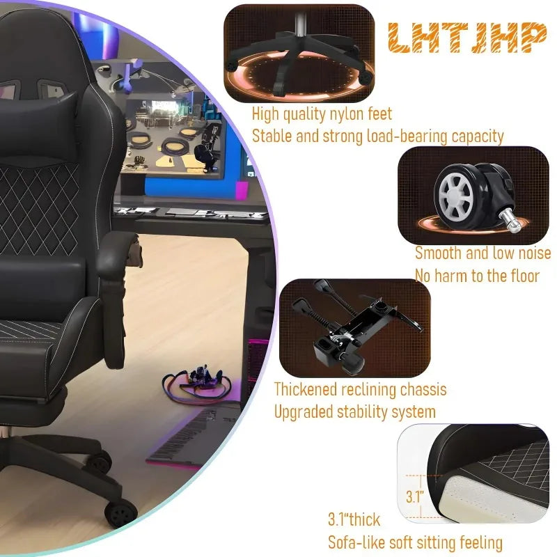 Hestora PU Leather Big and Tall Gaming Chair Ergonomic High Back Computer Chair with Footrest, Massage Lumbar Support, Adjustable Reclining Office Gaming Chair