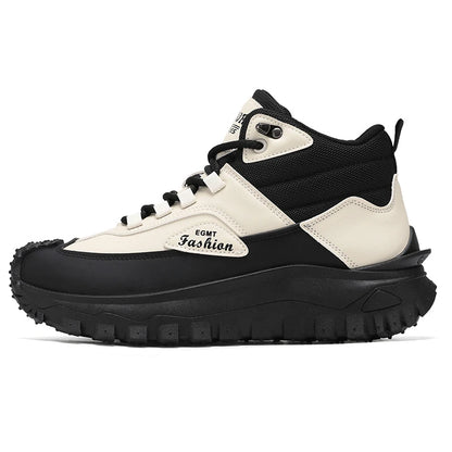 Botas de senderismo de caña media para hombre, en blanco y negro, de cuero impermeable, con plataforma, zapatillas antideslizantes para exterior, calzado informal con suela resistente
