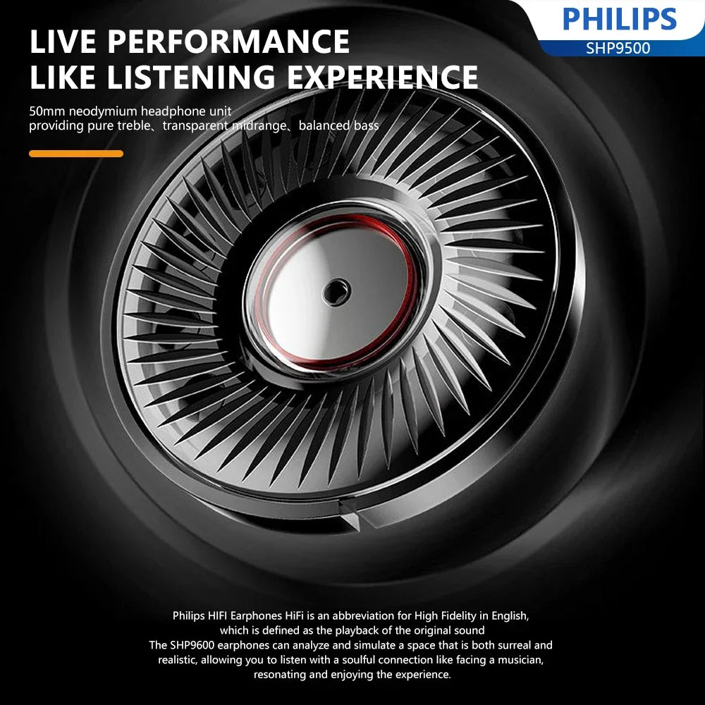 Philips SHP9500 HiFi Wired Headphones Stereo Monitor Gaming Headset with 50mm Dynamic Driver, Professional Audio Earphones for Music & E-Sports