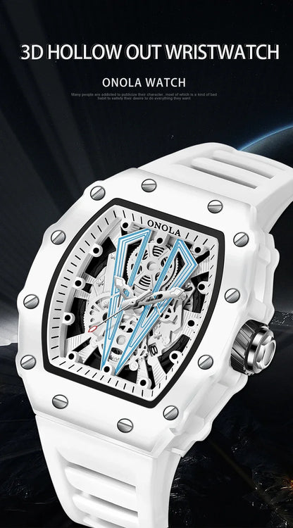 Gift Box Watches for Man ONOLA 3826W Trend White Men Watch Tonneau Calendar Waterproof Silicone Strap Relogios Masculino