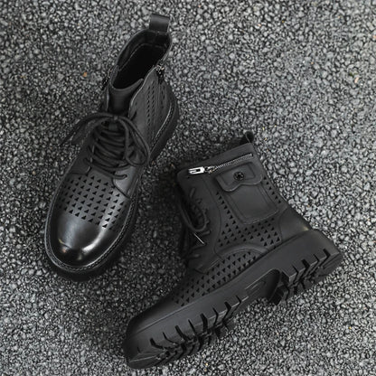 Non-Slip Men's High Top Casual Leather Shoes Street Style Motorcycle Boots New Stylish Ankle Boots Thick Bottom Walking Footwear