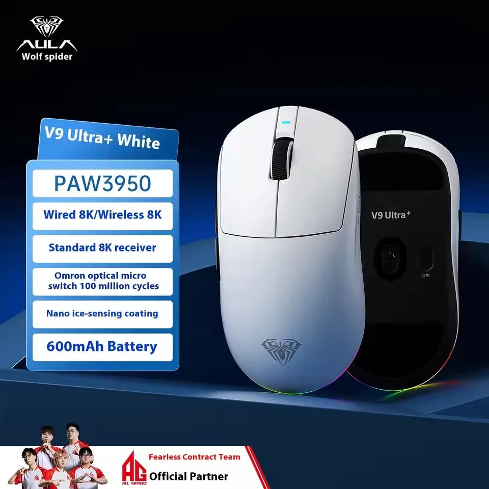 AULA V9 Ultra Wireless Gaming Mouse PAW3950, 8K Polling Rate, Tri-Mode Lightweight Ergonomic Gaming Mouse for PC & Esports