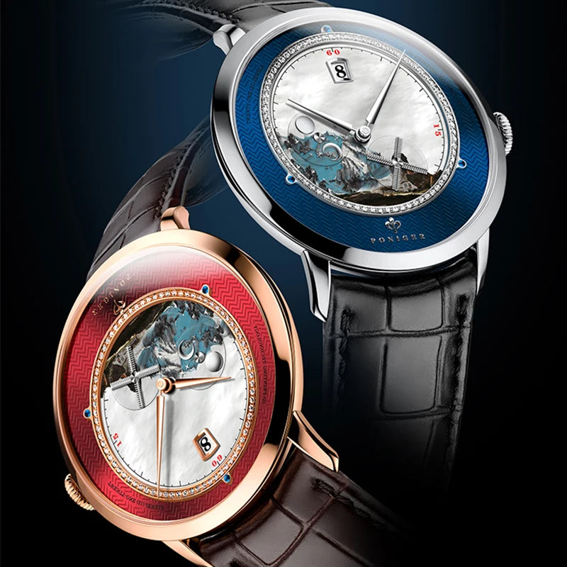 PONIGER Sapphire Crystal Glass Wrist Watch Painting Dial Man Leather Automatic Wristwatch MIYOTA 8219
