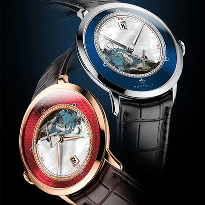 PONIGER Sapphire Crystal Glass Wrist Watch Painting Dial Man Leather Automatic Wristwatch MIYOTA 8219