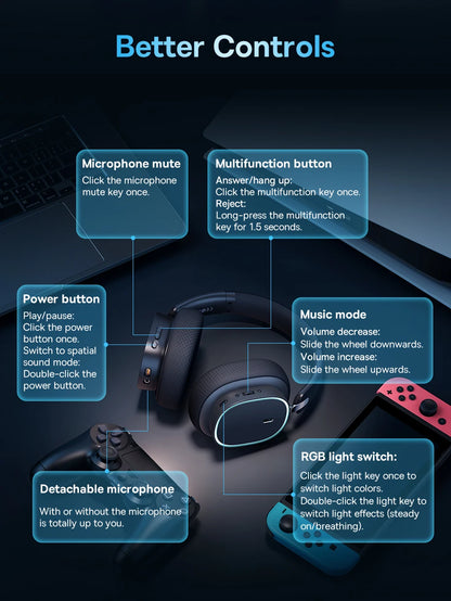 Baseus GH02 Gaming Wireless Headphones Bluetooth 5.3 Over-Ear Headset with Mic, 40mm Driver RGB Gaming Headphones, 2.4G Wireless Low Latency Headset