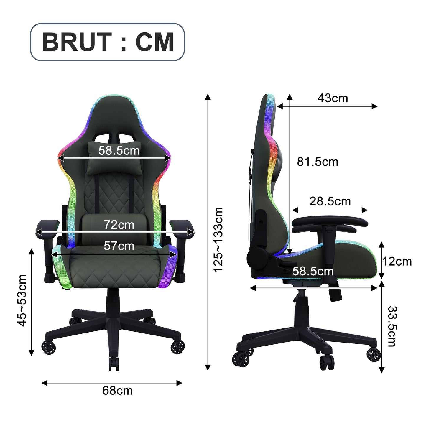 Ergonomic Gaming Chair with Massage Function, RGB LED, 90-135 Degree Recline,Up to 130kg,Office Chair, Premium Leather,Black