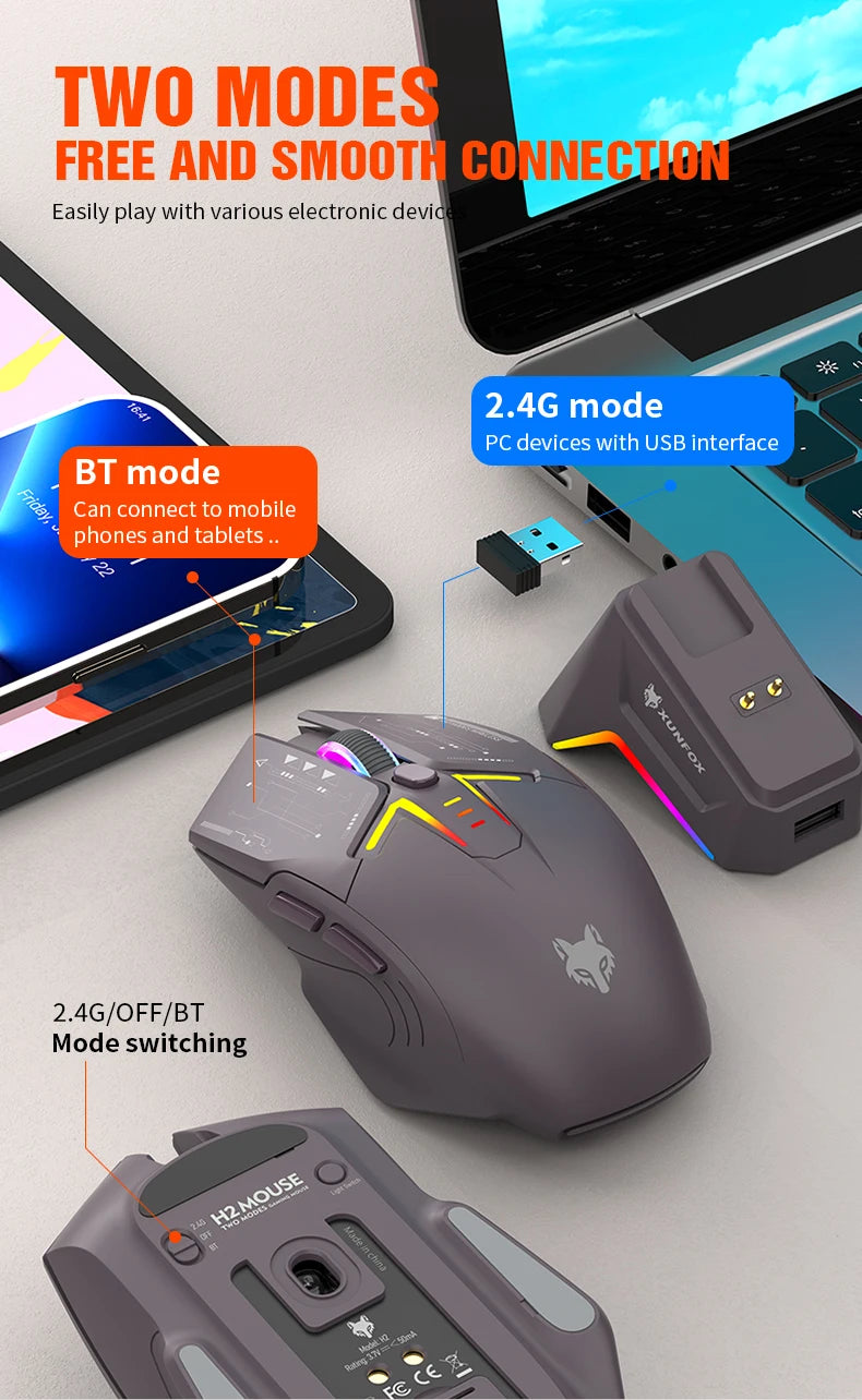 XUNSVFOX H2 trådlös Bluetooth-mus med dubbla lägen, RGB-belysning, för laptop, gaming och kontor, magnetisk laddning