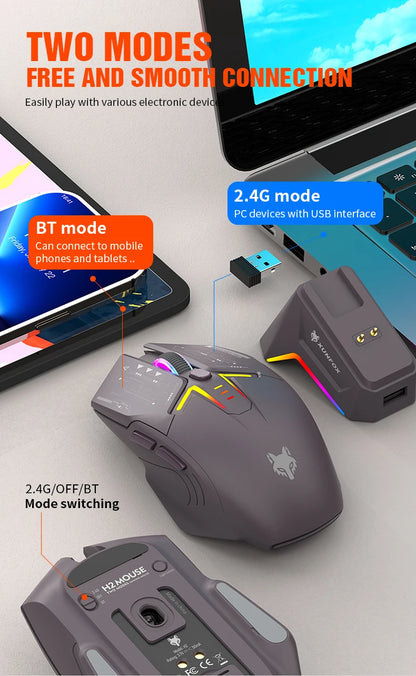 XUNSVFOX H2 trådlös Bluetooth-mus med dubbla lägen, RGB-belysning, för laptop, gaming och kontor, magnetisk laddning