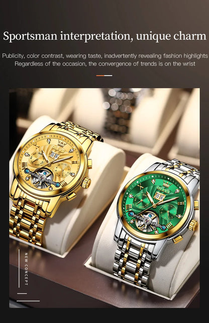 OLEVS 9910 Pánské hodinky Originální luxusní značka Vodotěsné Světélkující Automatické mechanické hodinky Hodinky s dvojitým kalendářem Krabička na hodinky Reloj