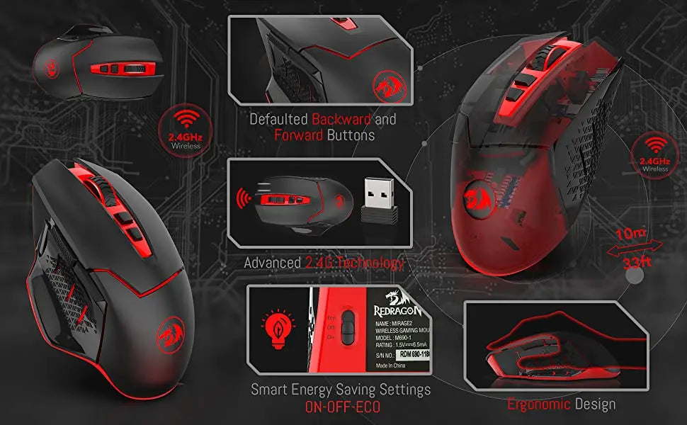 Redragon M690-1 Wireless Gaming Mouse 2.4GHz, 2400 DPI Ergonomic Gaming Mouse with 8 Programmable Buttons, 5 Adjustable DPI & 2 Side Buttons