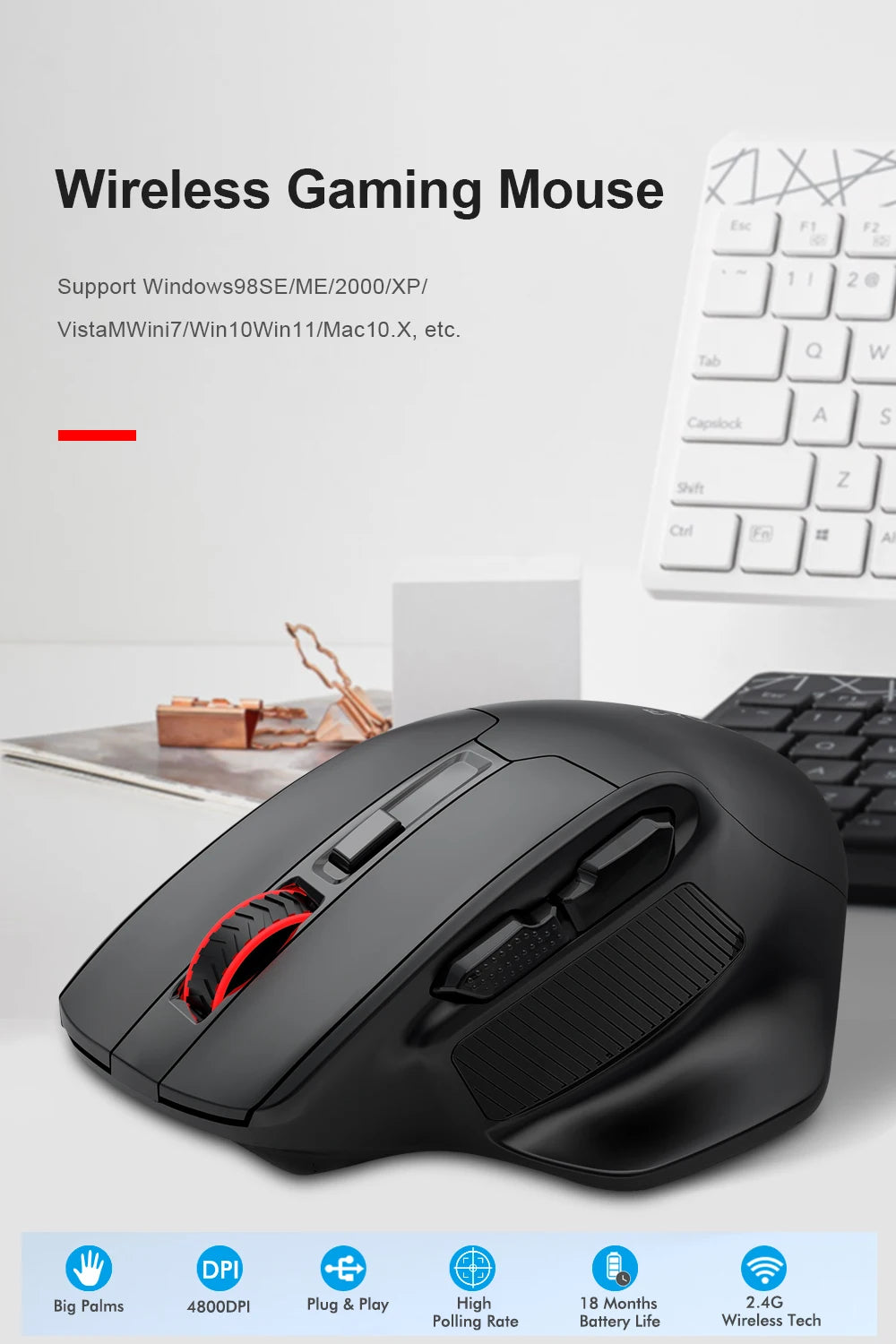 E-YOOSO X-31 Wireless Gaming Mouse for Big Hands, USB 2.4G Ergonomic Gaming Mouse, 4800 DPI Optical Mouse with 5 Buttons for PC & Laptop
