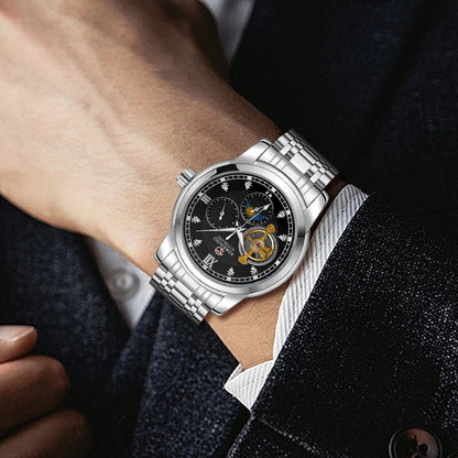 Reloj mecánico automático para hombre Forsining: estilo de lujo, ejecutivo y moderno; brazalete de metal; tourbillon; agujas luminiscentes; adornado con diamantes sintéticos
