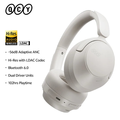 QCY H3S -56dB ANC adaptativa Auriculares Bluetooth 6.0 circumaurales – Auriculares inalámbricos Hi-Res LDAC, batería de 102H, sonido espacial con doble transductor