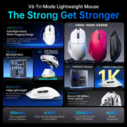 ATTACK SHARK V6 Wireless Gaming Mouse, Superlight RGB Gaming Mouse with Magnetic Charging Dock, PAW3311 Sensor, Tri-Mode Bluetooth Gaming Mouse