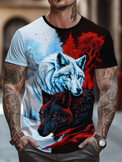 T-shirt da uomo con stampa 3D lupo, girocollo casual, maniche corte, tessuto traspirante e confortevole, abbigliamento streetwear outdoor da uomo
