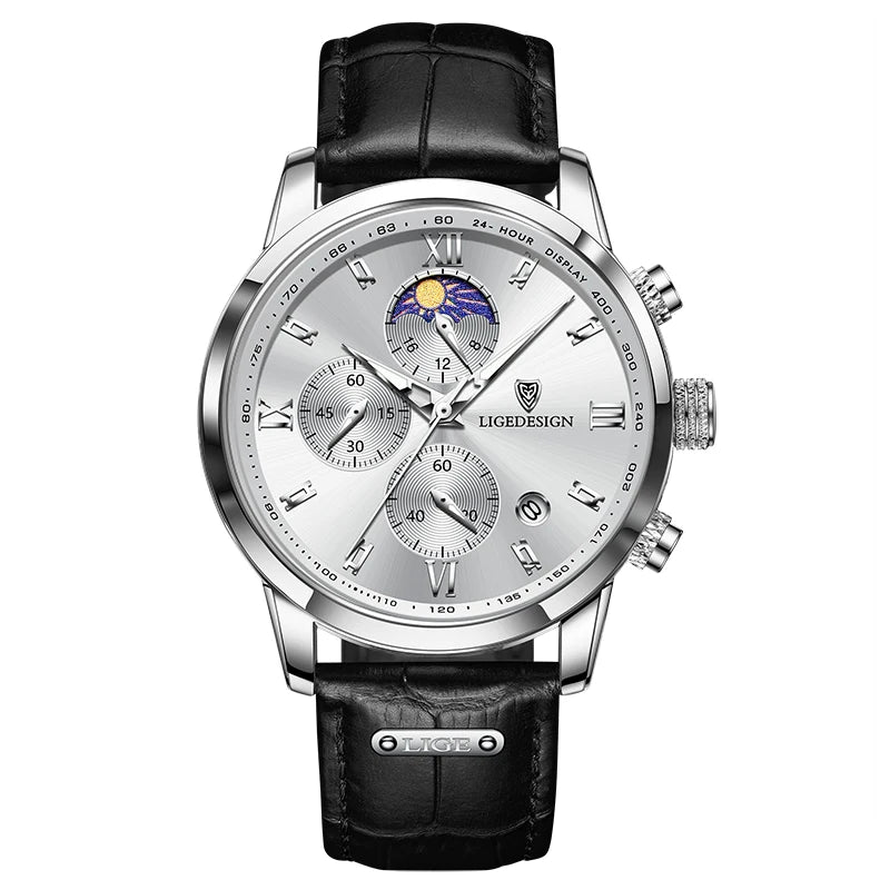 Montre pour homme LIGE – Chronographe sportif, style décontracté, bracelet en cuir, étanche, mouvement à quartz, design militaire