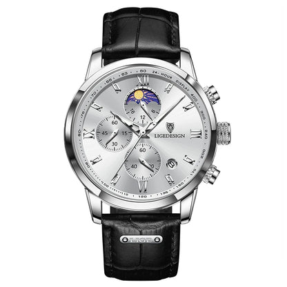 Montre pour homme LIGE – Chronographe sportif, style décontracté, bracelet en cuir, étanche, mouvement à quartz, design militaire